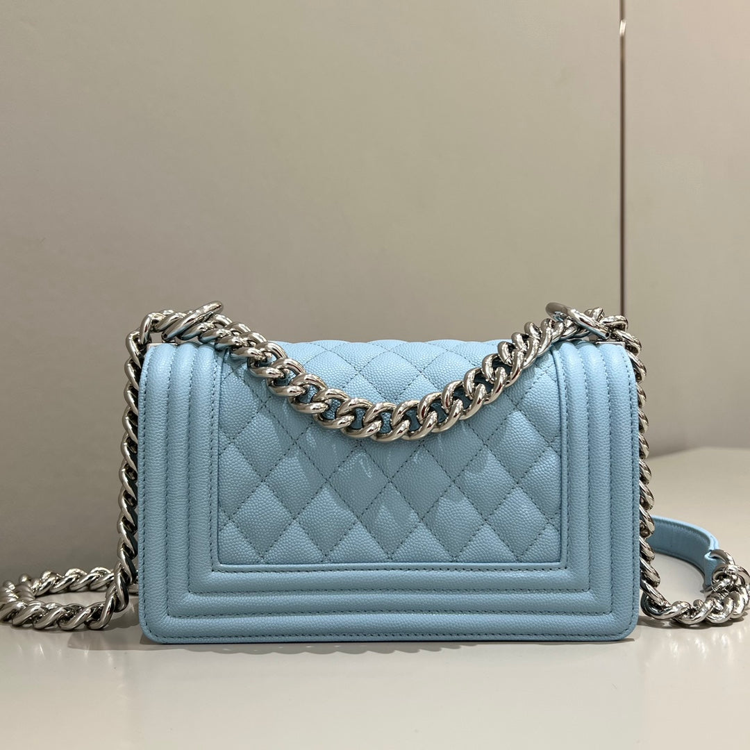 CH SMALL BOY HANDBAG 20 Small Grained Calfskin Light Blue