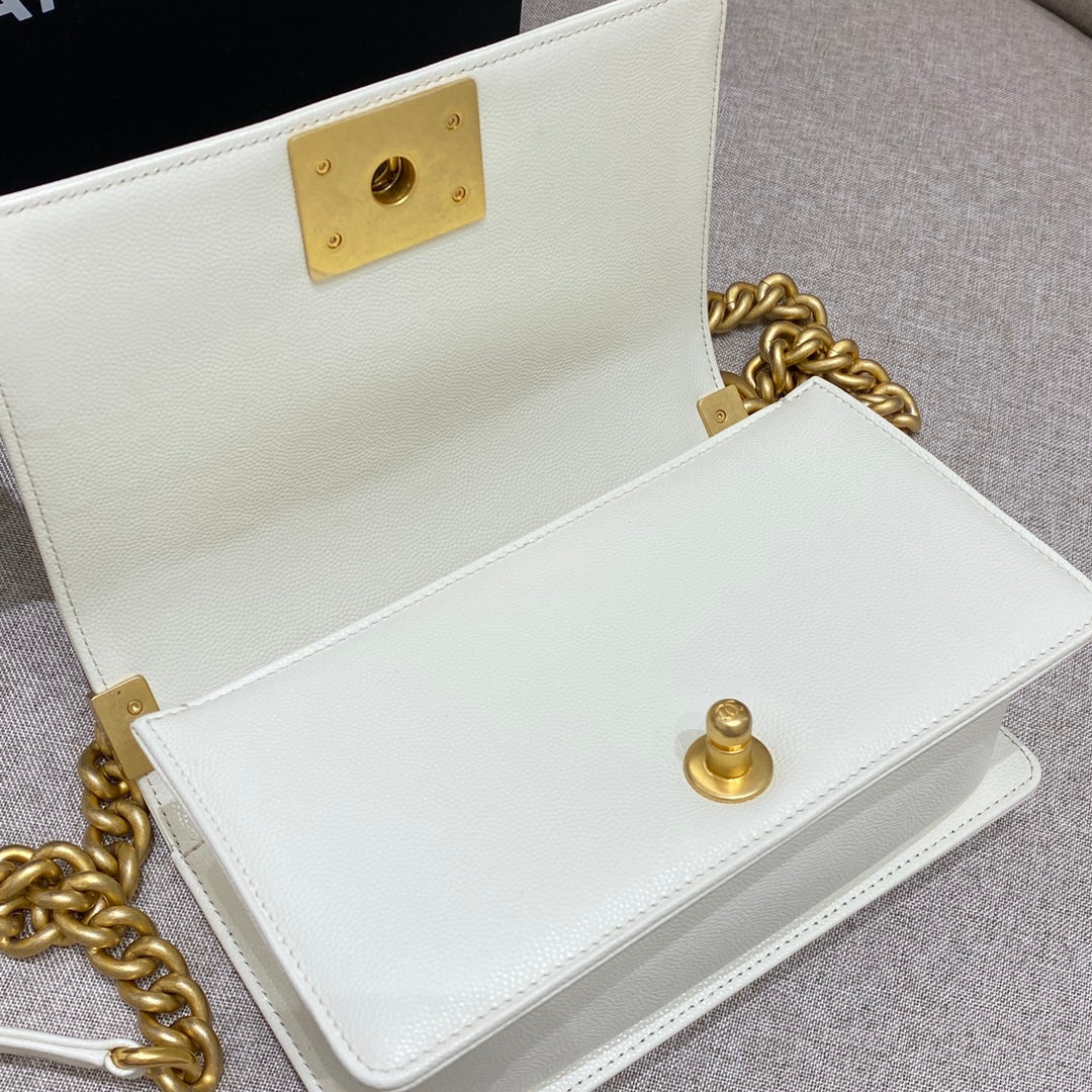 CH SMALL BOY HANDBAG 20 Small Grained Calfskin Ivory White