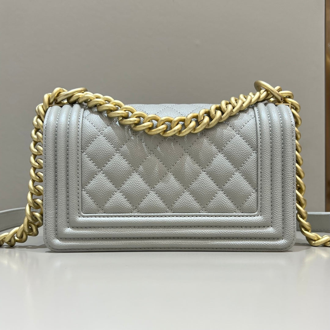 CH SMALL BOY HANDBAG 20 Small Grained Calfskin Elephant Gray