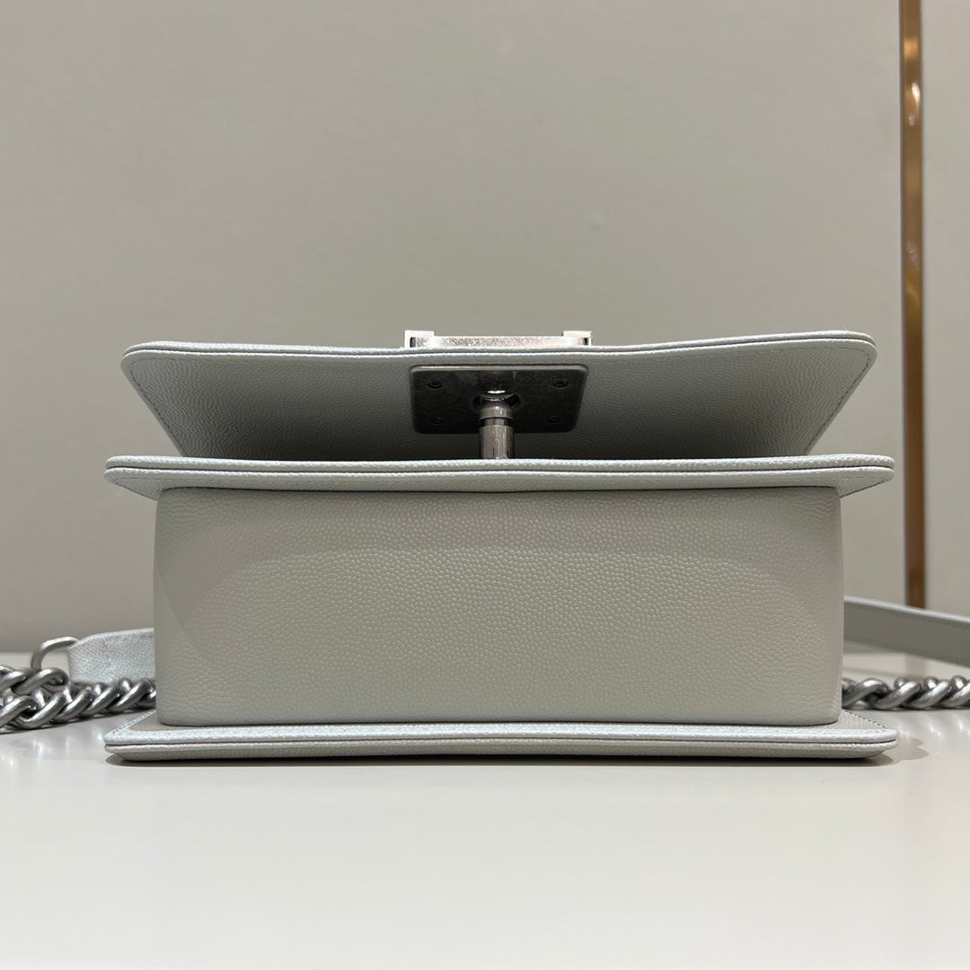 CH SMALL BOY HANDBAG 20 Small Grained Calfskin Elephant Gray