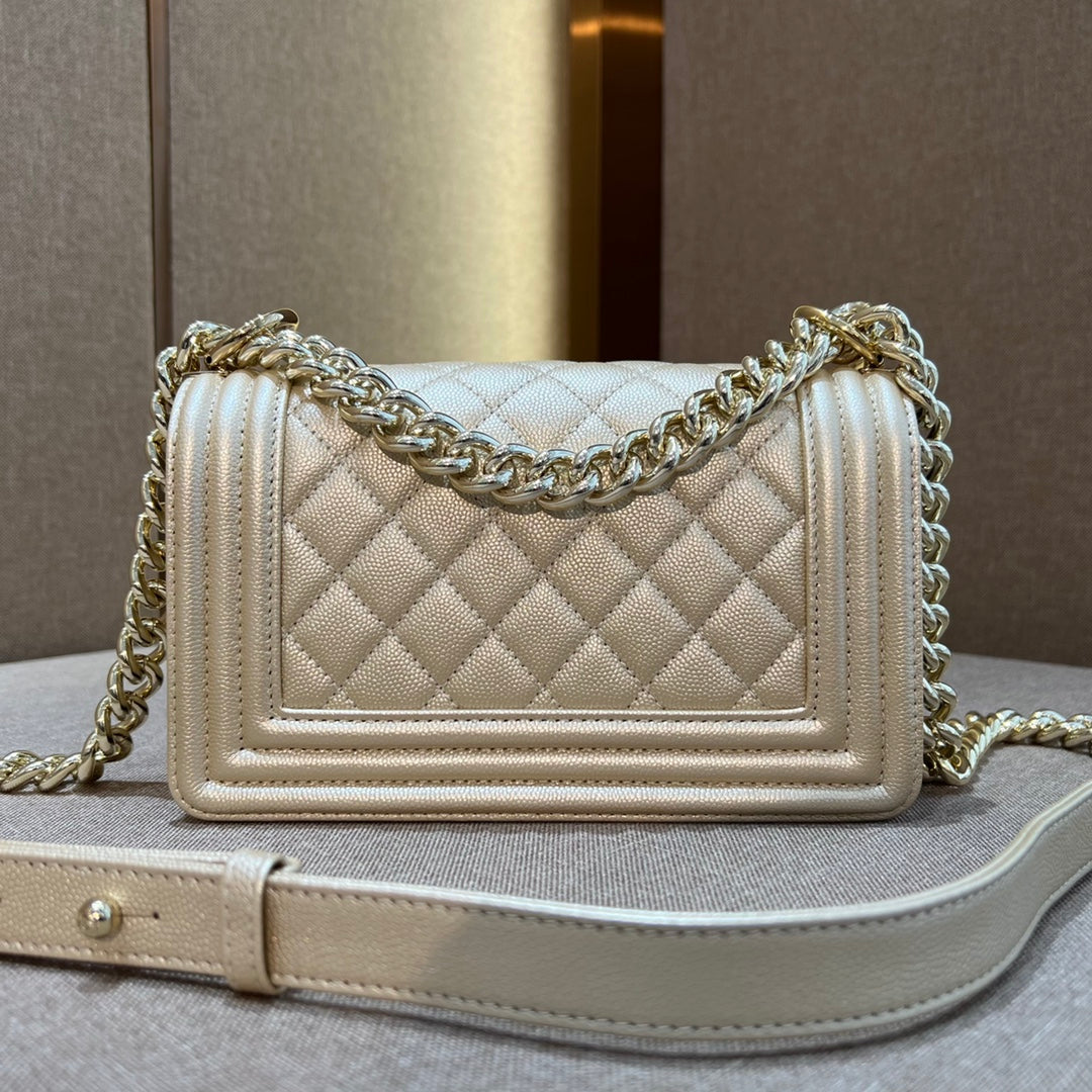 CH SMALL BOY HANDBAG 20 Small Grained Calfskin Champagne Gold