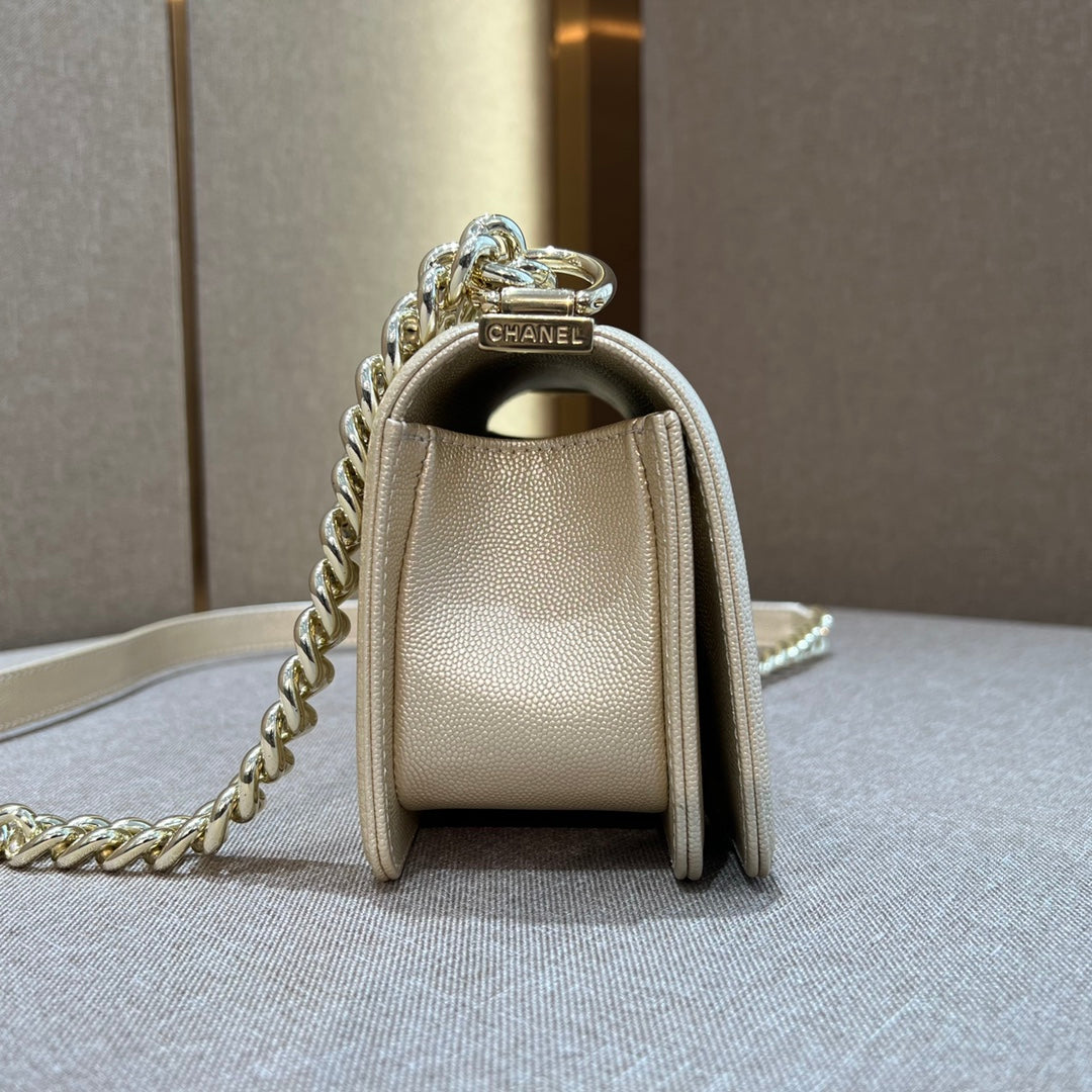 CH SMALL BOY HANDBAG 20 Small Grained Calfskin Champagne Gold