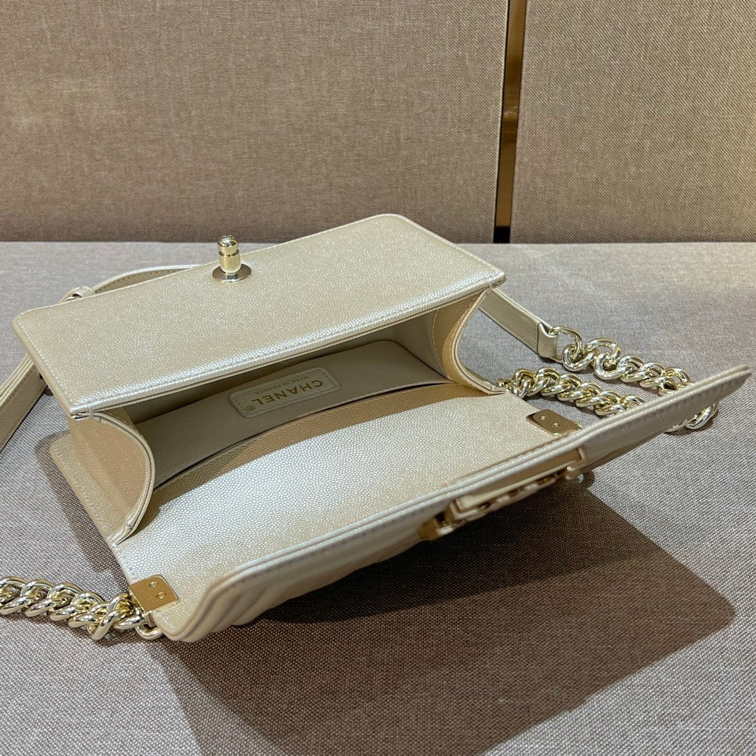 CH SMALL BOY HANDBAG 20 Small Grained Calfskin Champagne Gold