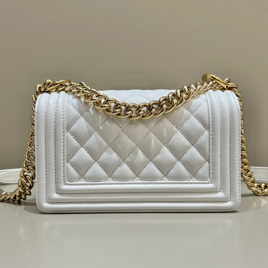 CH SMALL BOY HANDBAG 20 Small Grained Calfskin White