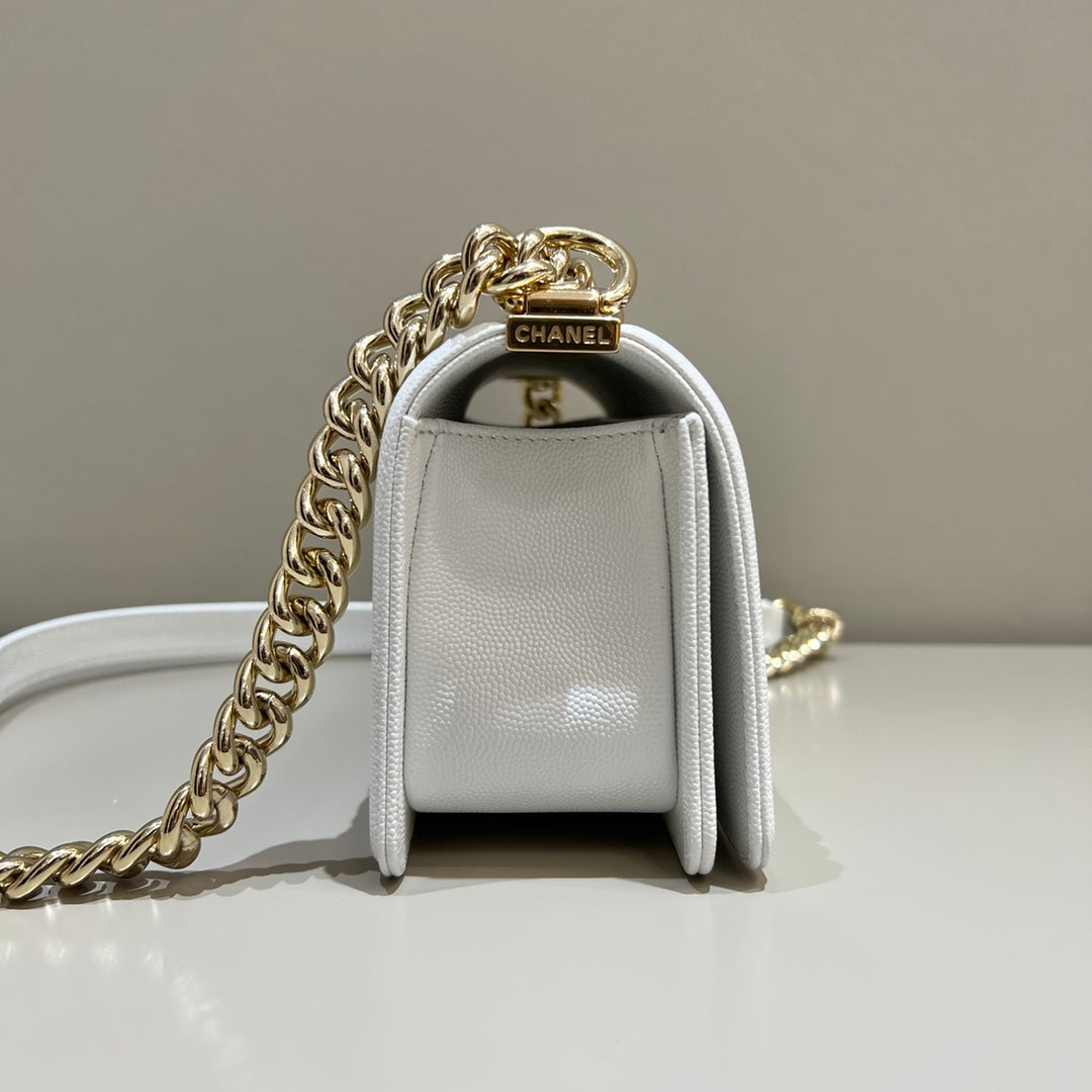 CH SMALL BOY HANDBAG 20 Small Grained Calfskin White