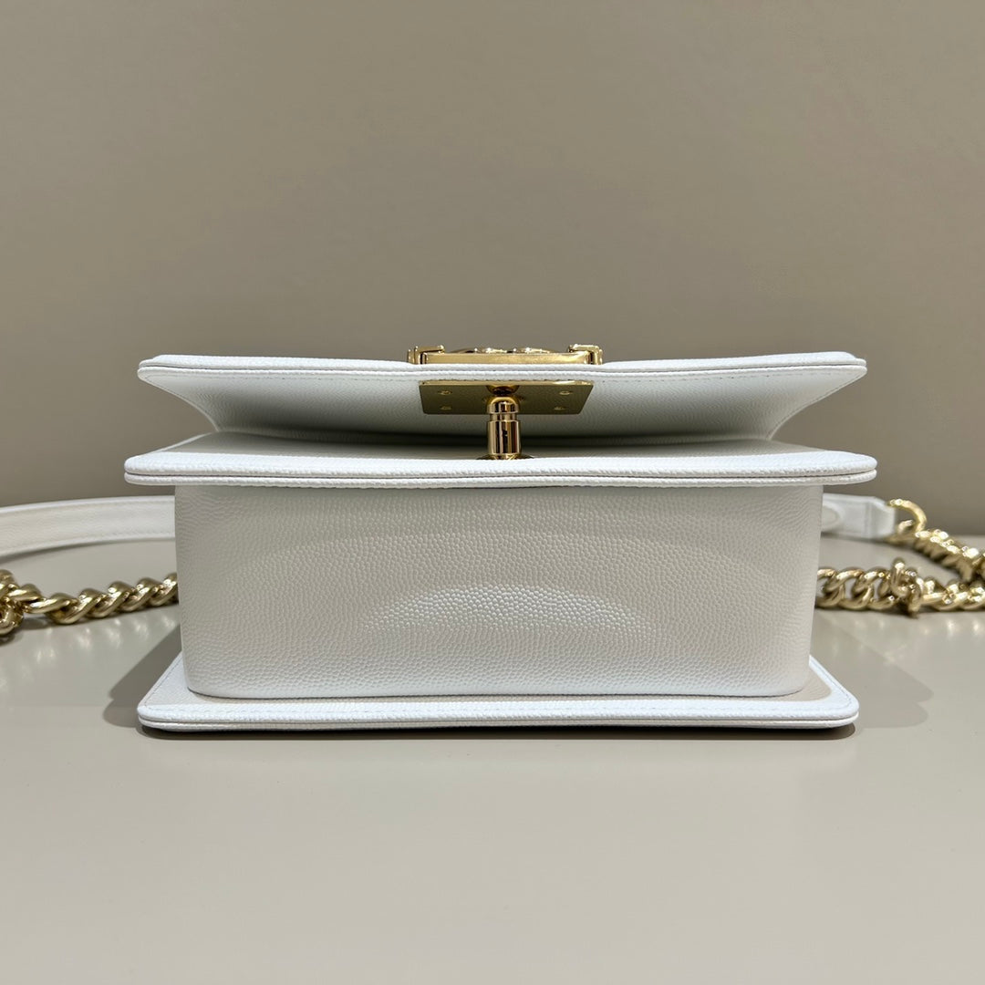 CH SMALL BOY HANDBAG 20 Small Grained Calfskin White