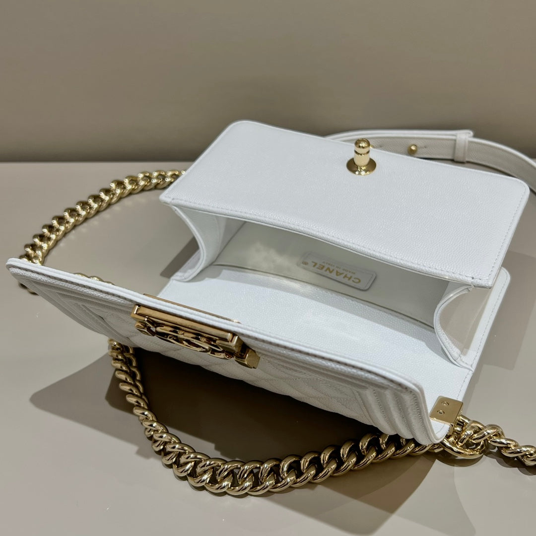 CH SMALL BOY HANDBAG 20 Small Grained Calfskin White