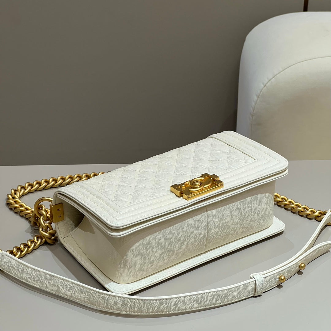 CH BOY HANDBAG 25 Small Grained Calfskin Ivory White