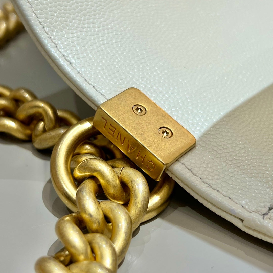 CH BOY HANDBAG 25 Small Grained Calfskin Ivory White