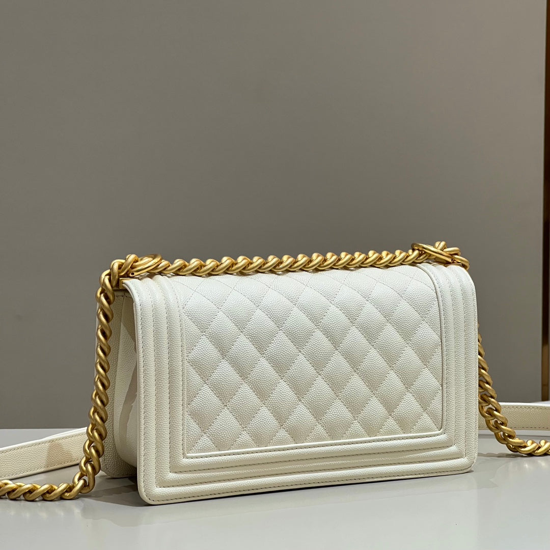 CH BOY HANDBAG 25 Small Grained Calfskin Ivory White