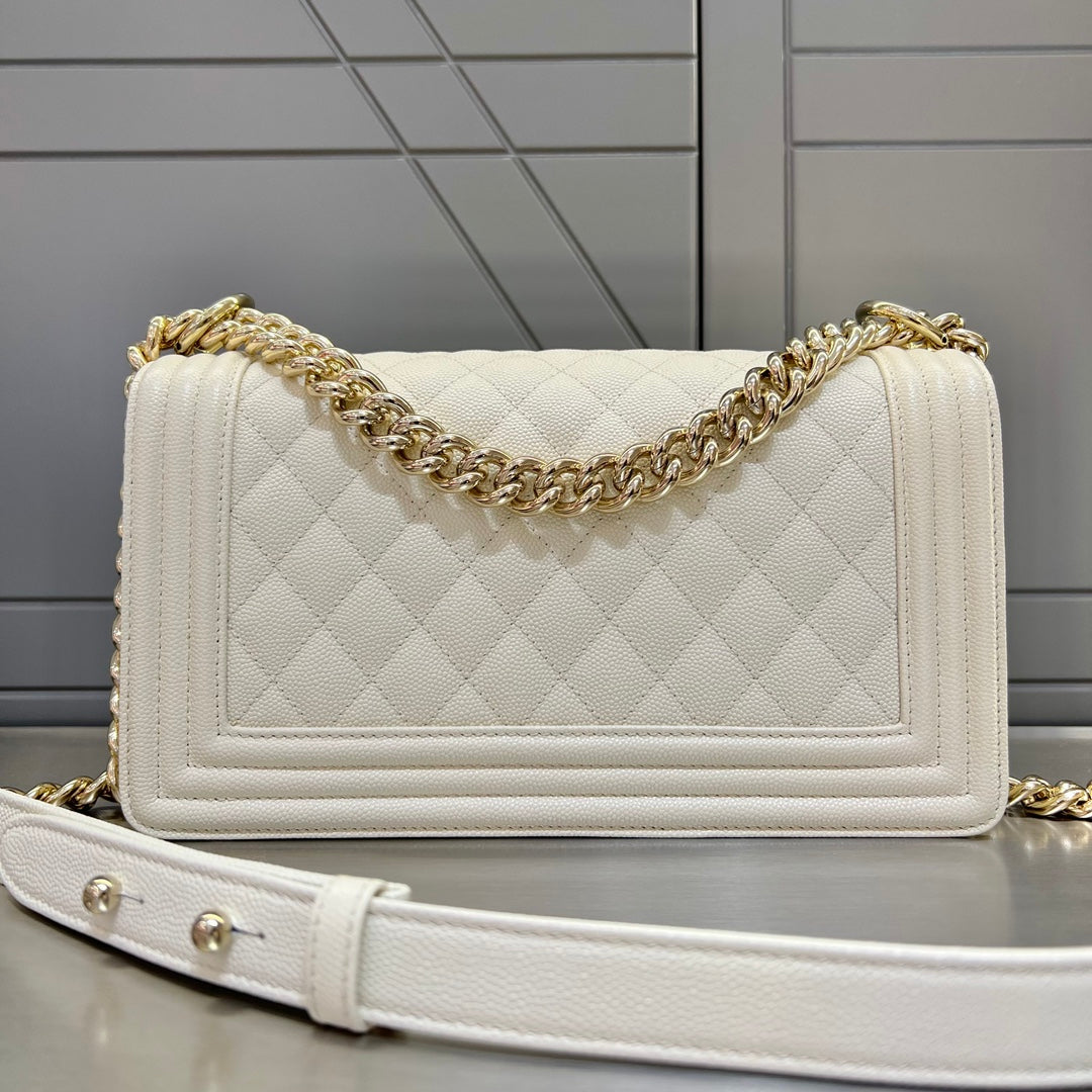 CH BOY HANDBAG 25 Small Grained Calfskin Ivory White