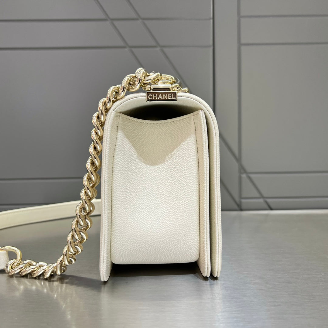 CH BOY HANDBAG 25 Small Grained Calfskin Ivory White