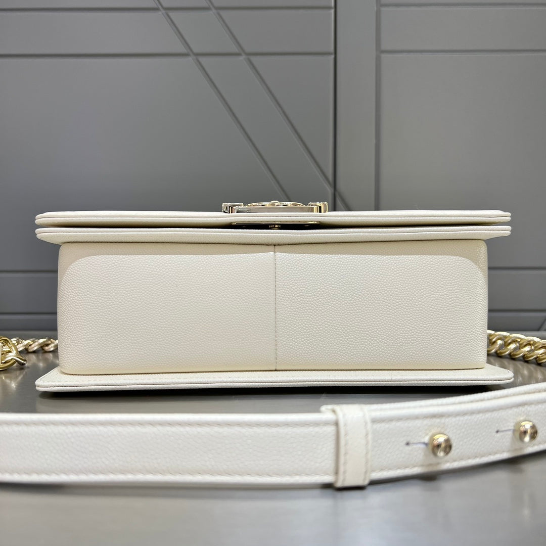 CH BOY HANDBAG 25 Small Grained Calfskin Ivory White