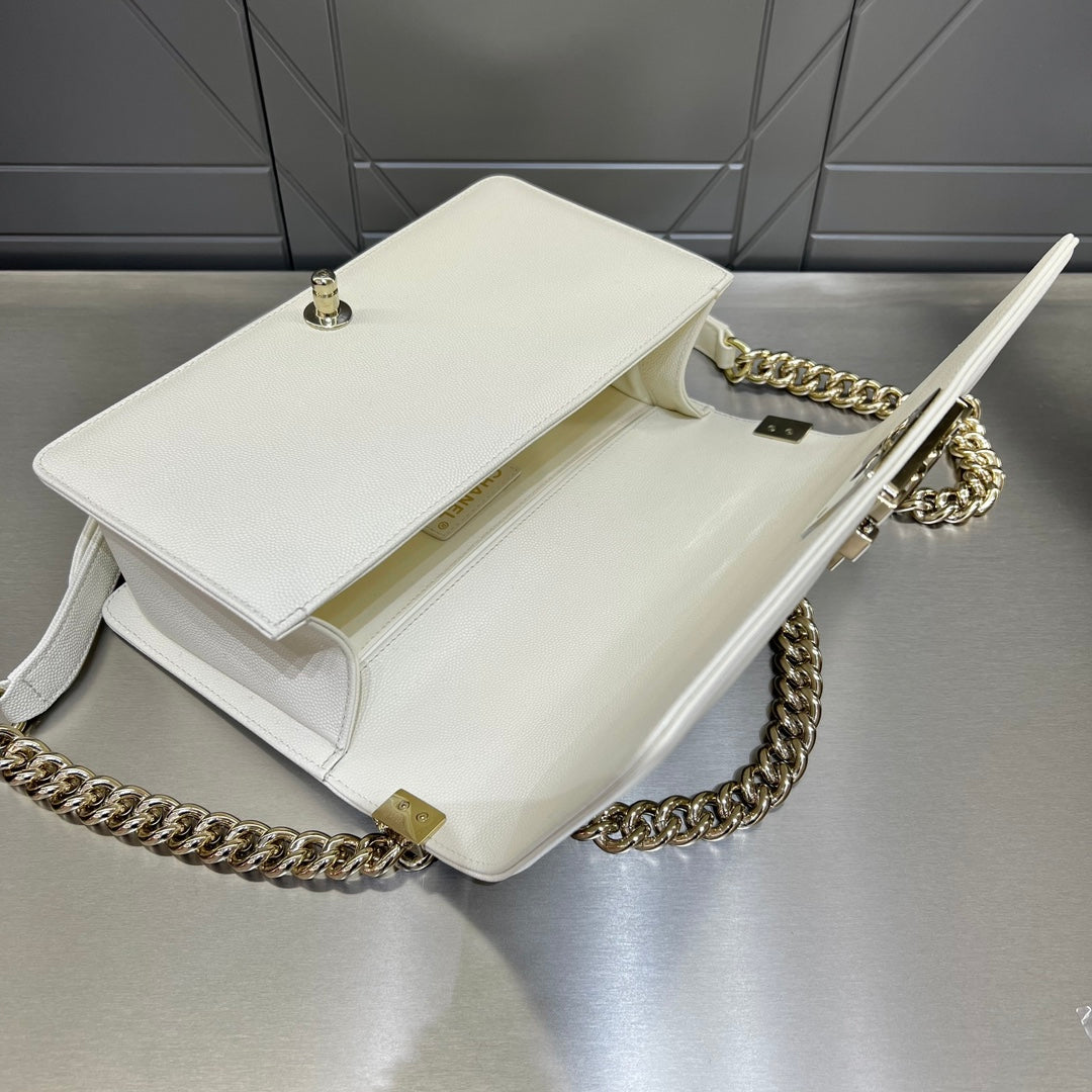 CH BOY HANDBAG 25 Small Grained Calfskin Ivory White