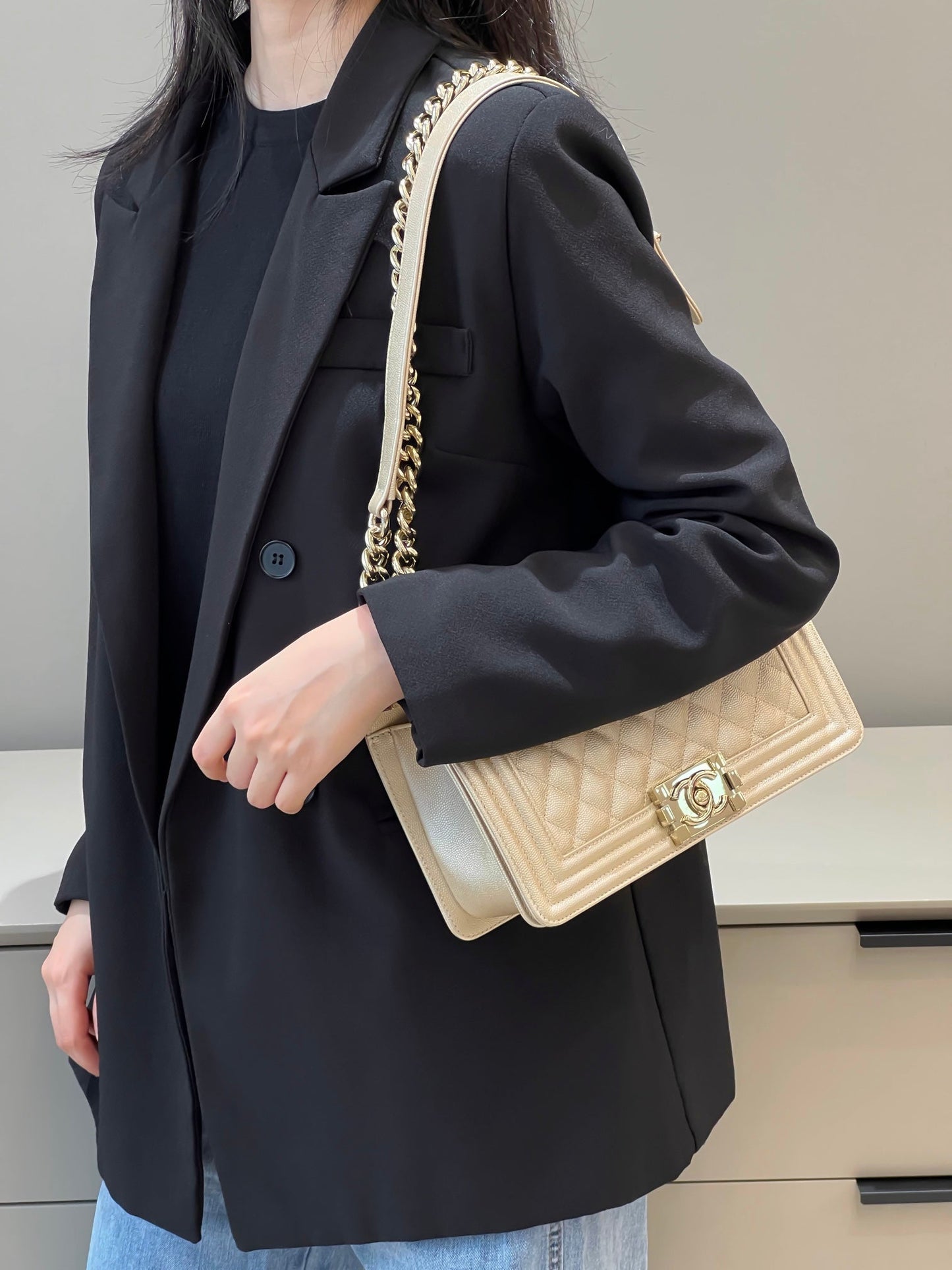 CH BOY HANDBAG 25 Small Grained Calfskin Champagne Gold