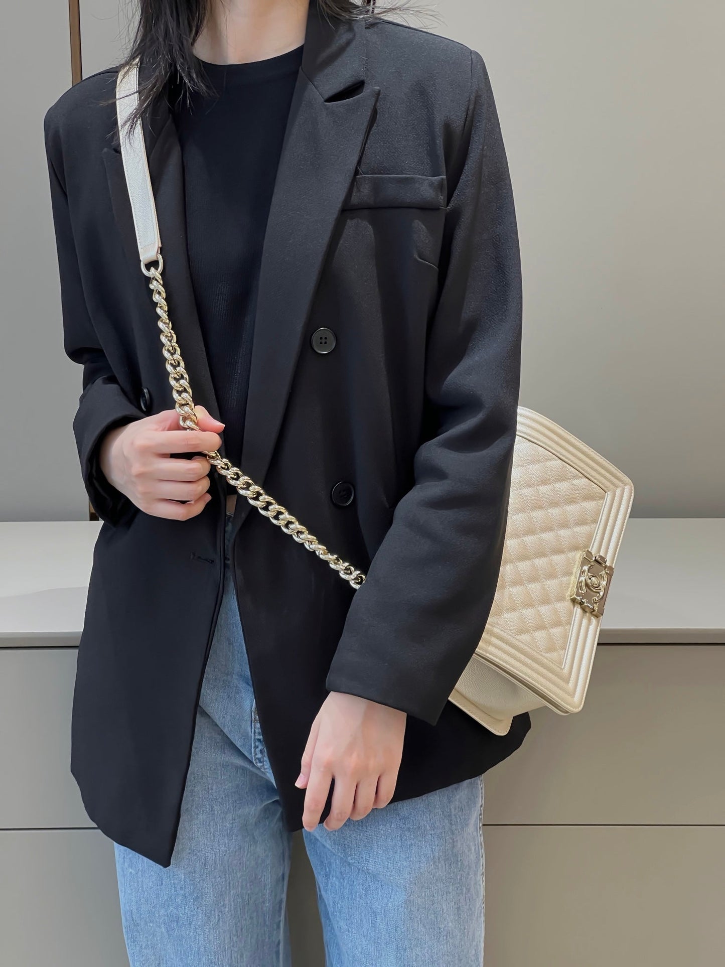 CH BOY HANDBAG 25 Small Grained Calfskin Champagne Gold