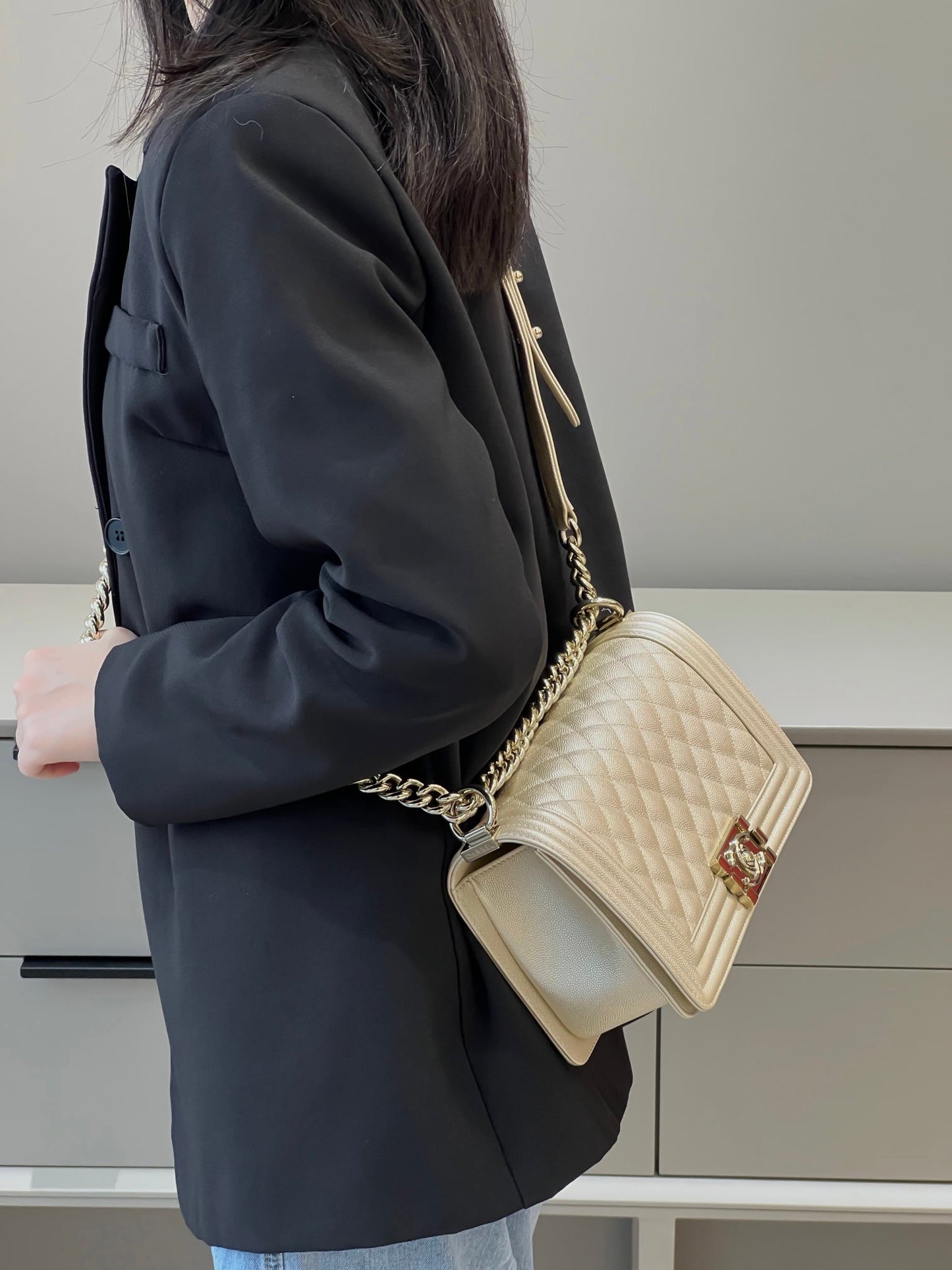 CH BOY HANDBAG 25 Small Grained Calfskin Champagne Gold