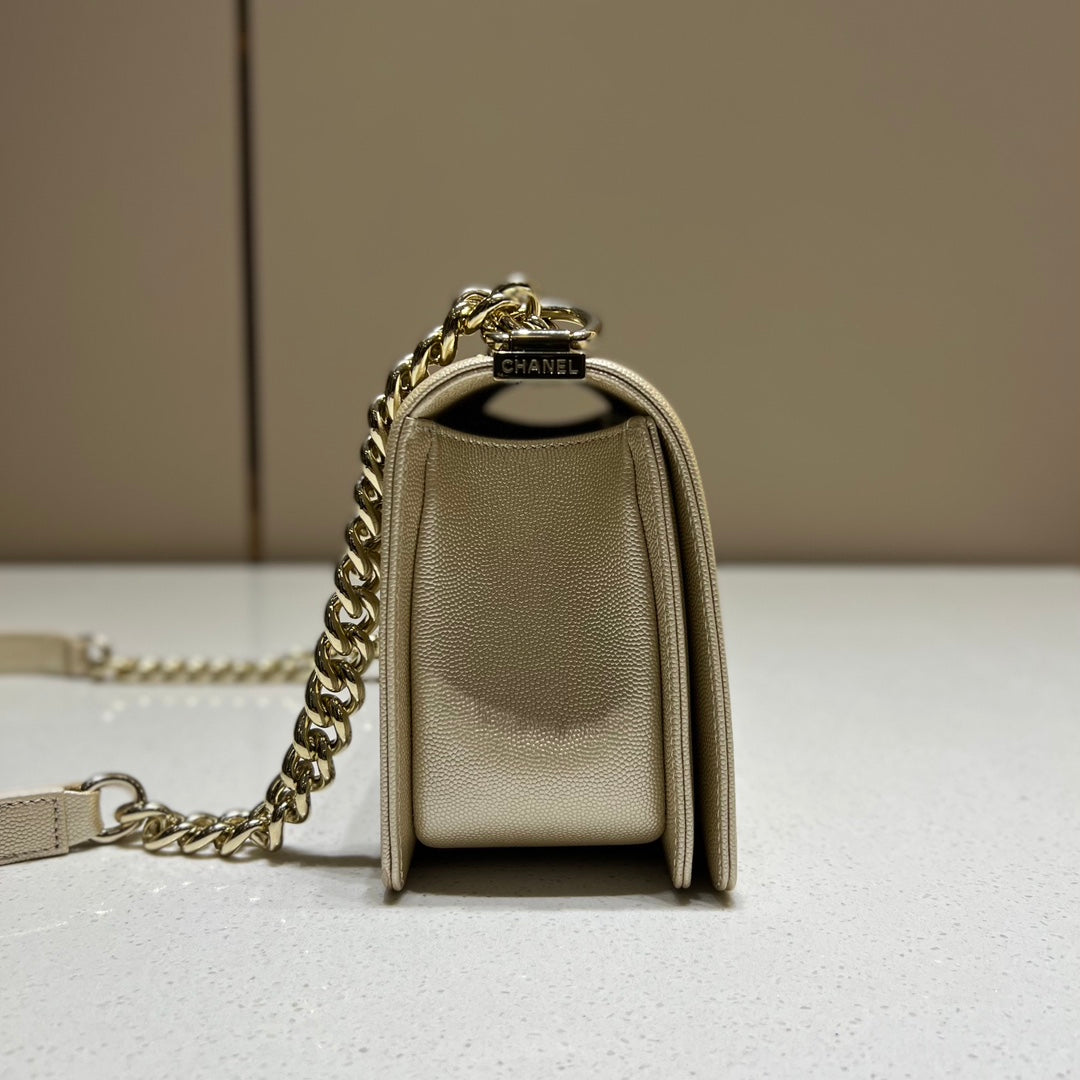 CH BOY HANDBAG 25 Small Grained Calfskin Champagne Gold