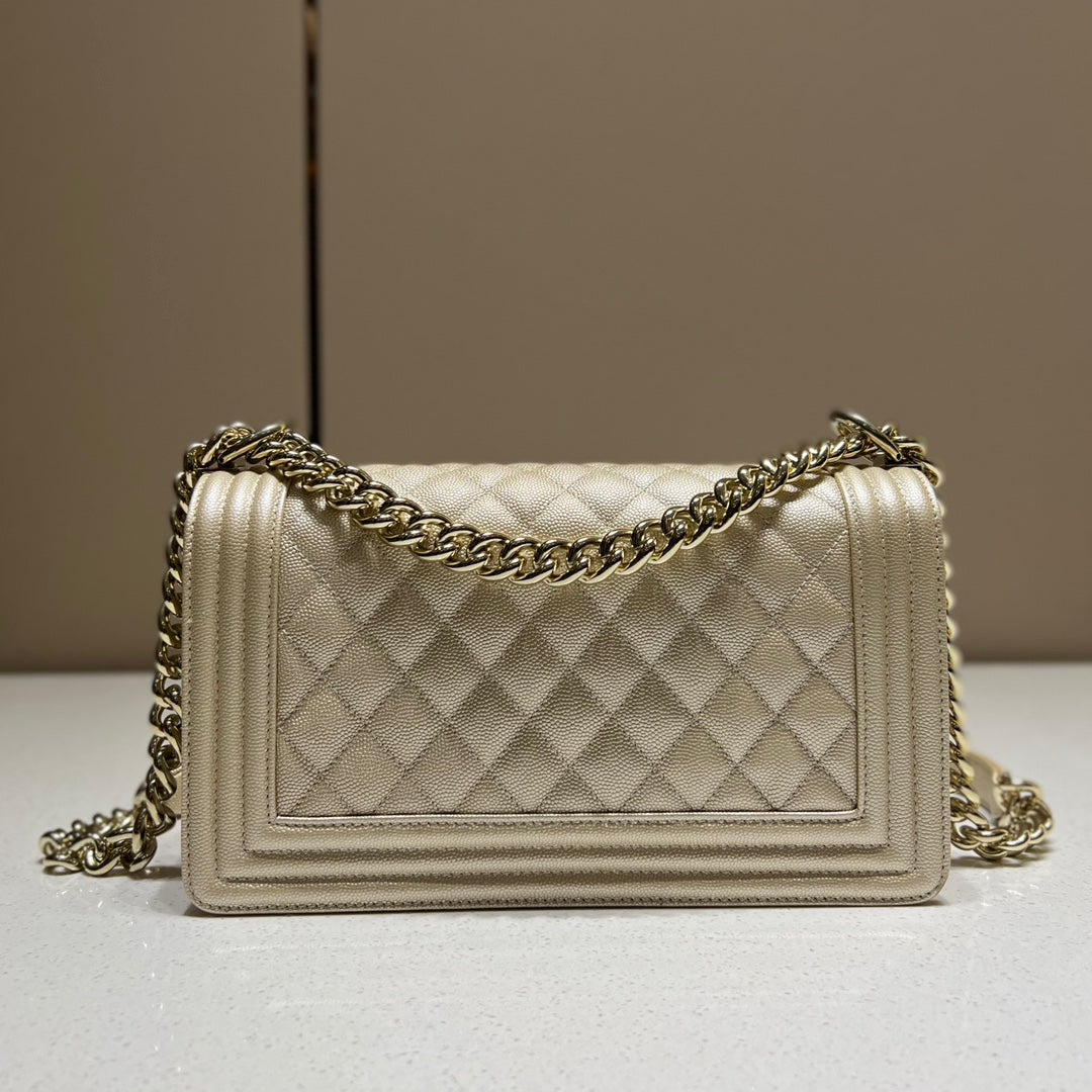 CH BOY HANDBAG 25 Small Grained Calfskin Champagne Gold