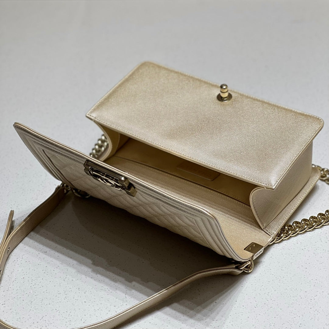 CH BOY HANDBAG 25 Small Grained Calfskin Champagne Gold