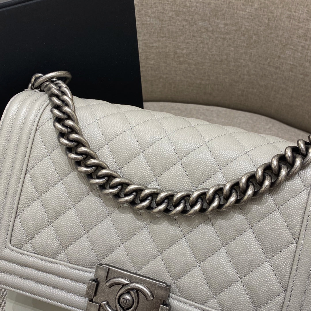 CH BOY HANDBAG 25 Small Grained Calfskin Elephant Gray