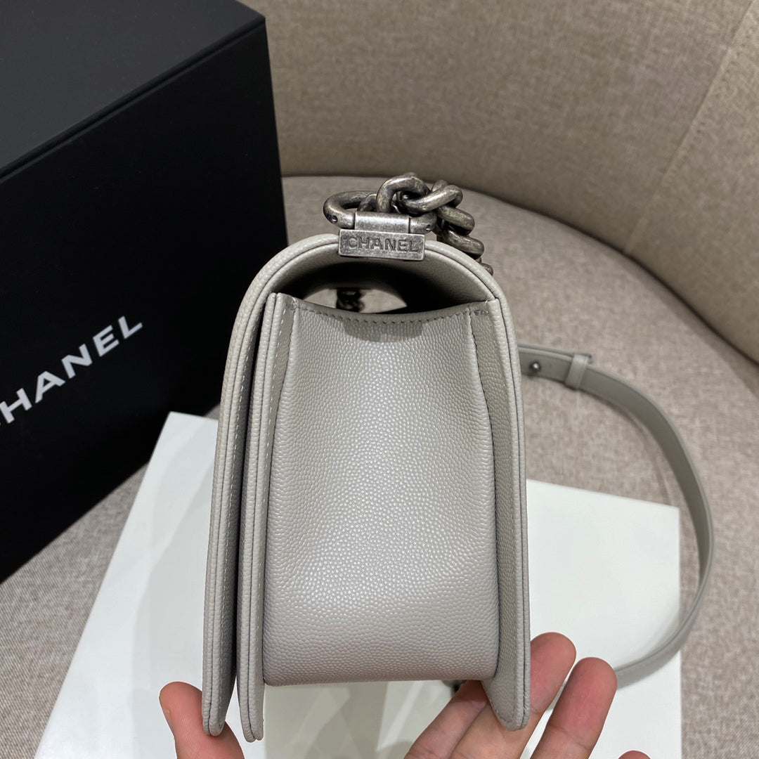 CH BOY HANDBAG 25 Small Grained Calfskin Elephant Gray