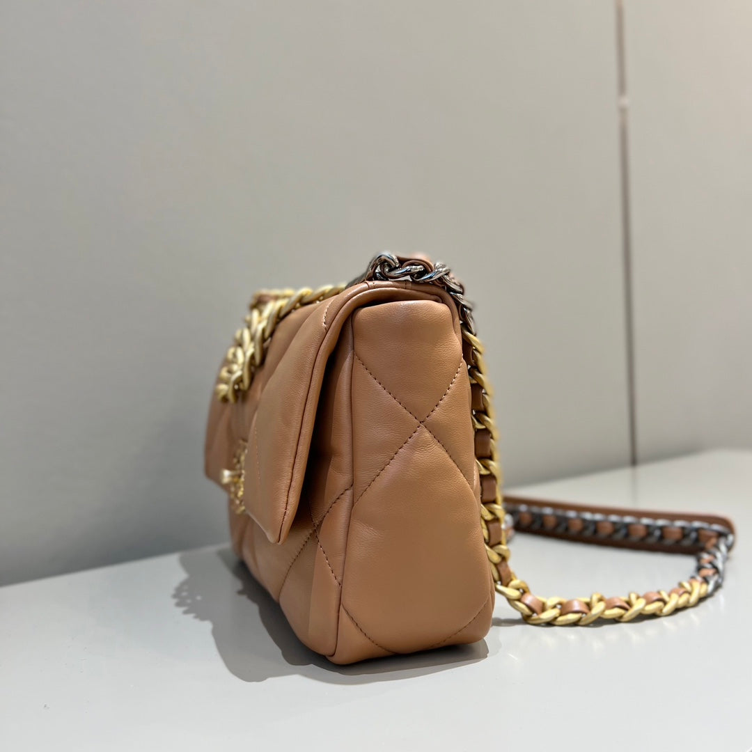CH 19 HANDBAG 26  Lambskin Gold Brown