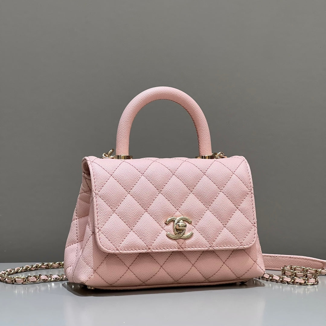 CH  MINI FLAP BAG WITH TOP HANDLE 19  Grained Calfskin Pink