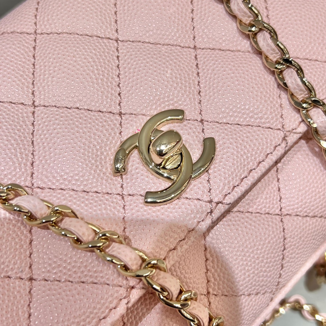 CH  MINI FLAP BAG WITH TOP HANDLE 19  Grained Calfskin Pink