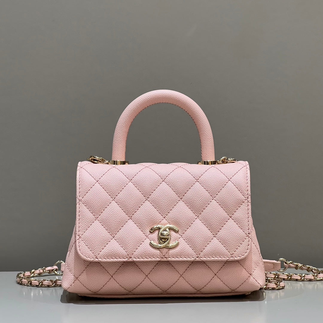 CH  MINI FLAP BAG WITH TOP HANDLE 19  Grained Calfskin Pink