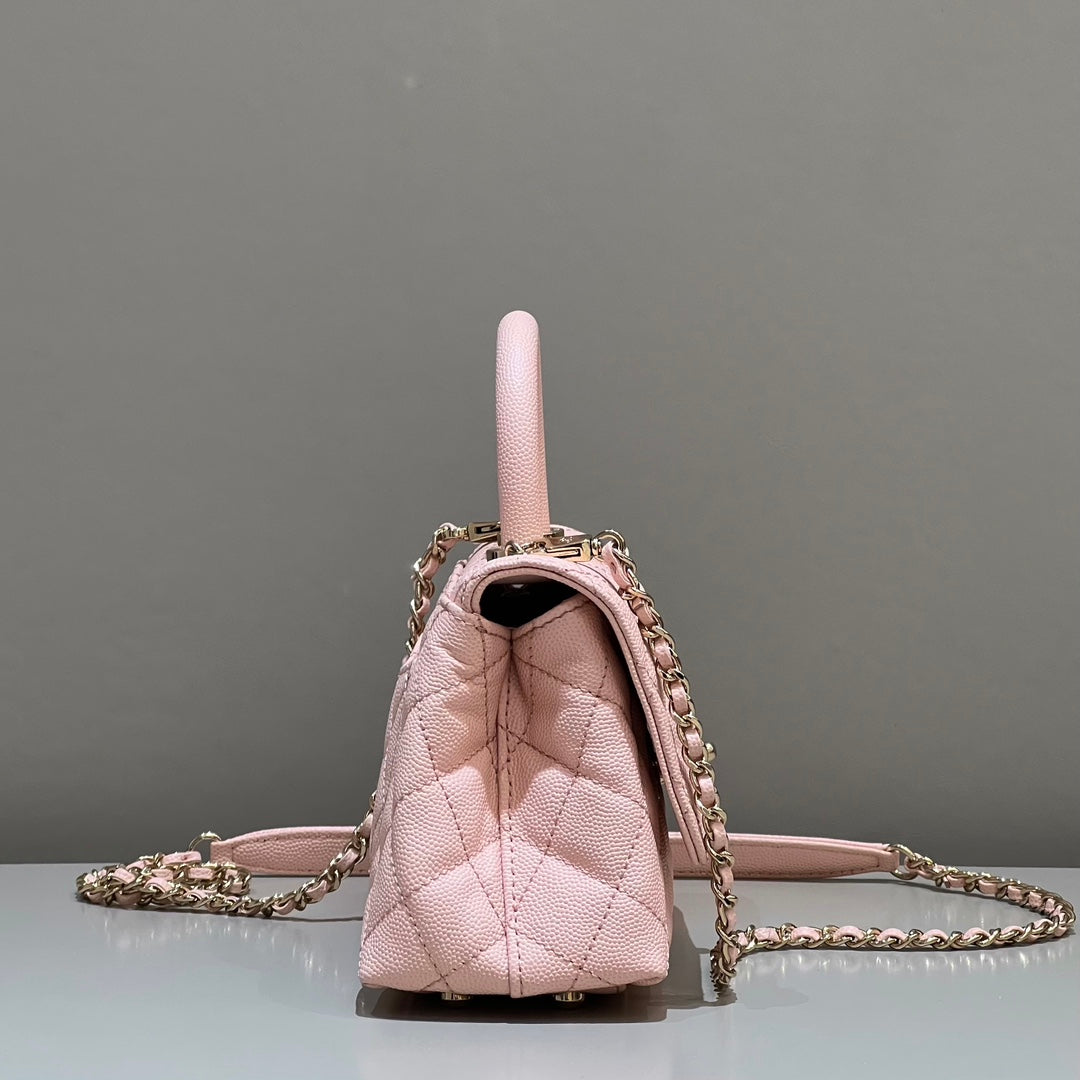CH  MINI FLAP BAG WITH TOP HANDLE 19  Grained Calfskin Pink