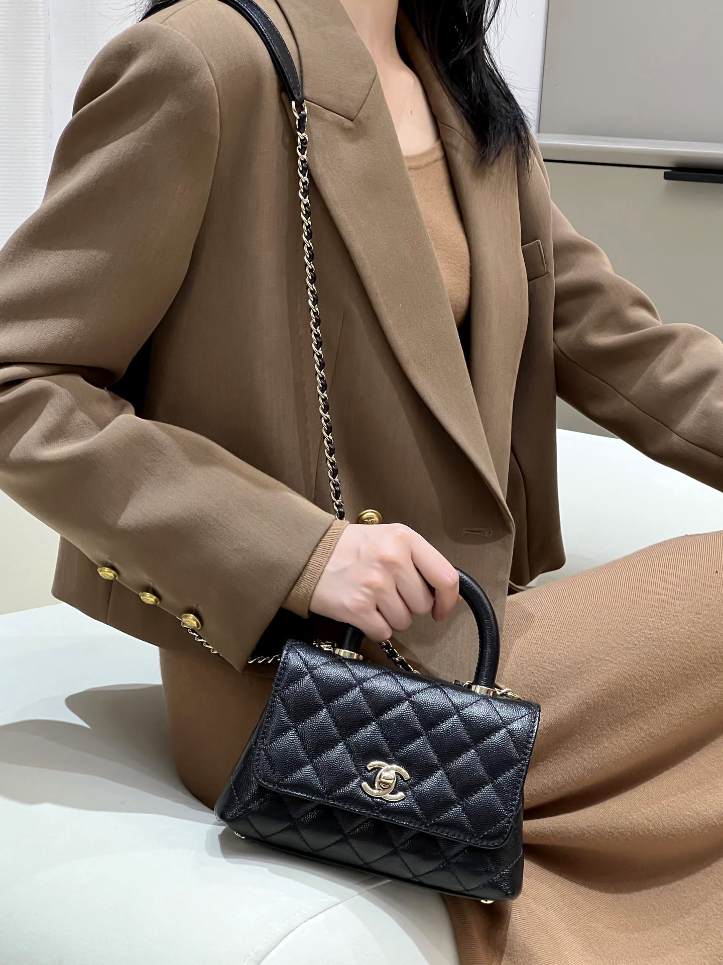 CH  MINI FLAP BAG WITH TOP HANDLE 19  Grained Calfskin Black