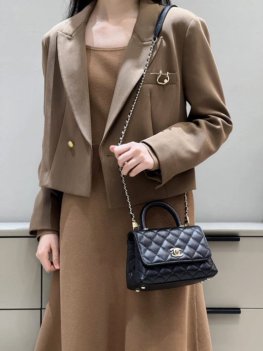 CH  MINI FLAP BAG WITH TOP HANDLE 19  Grained Calfskin Black