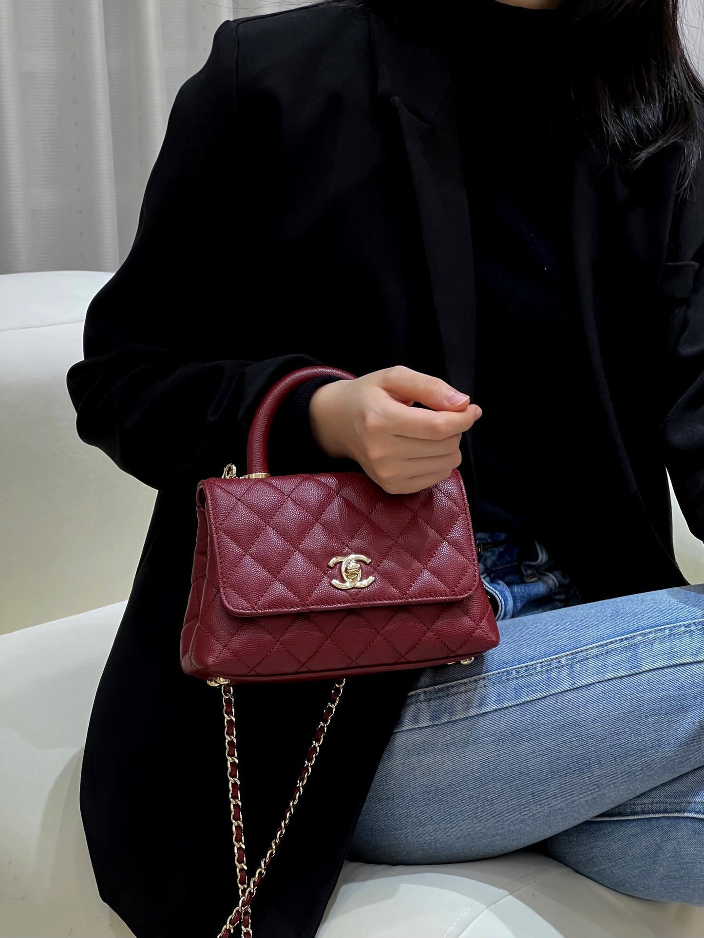 CH  MINI FLAP BAG WITH TOP HANDLE 19  Grained Calfskin Red Wine Color