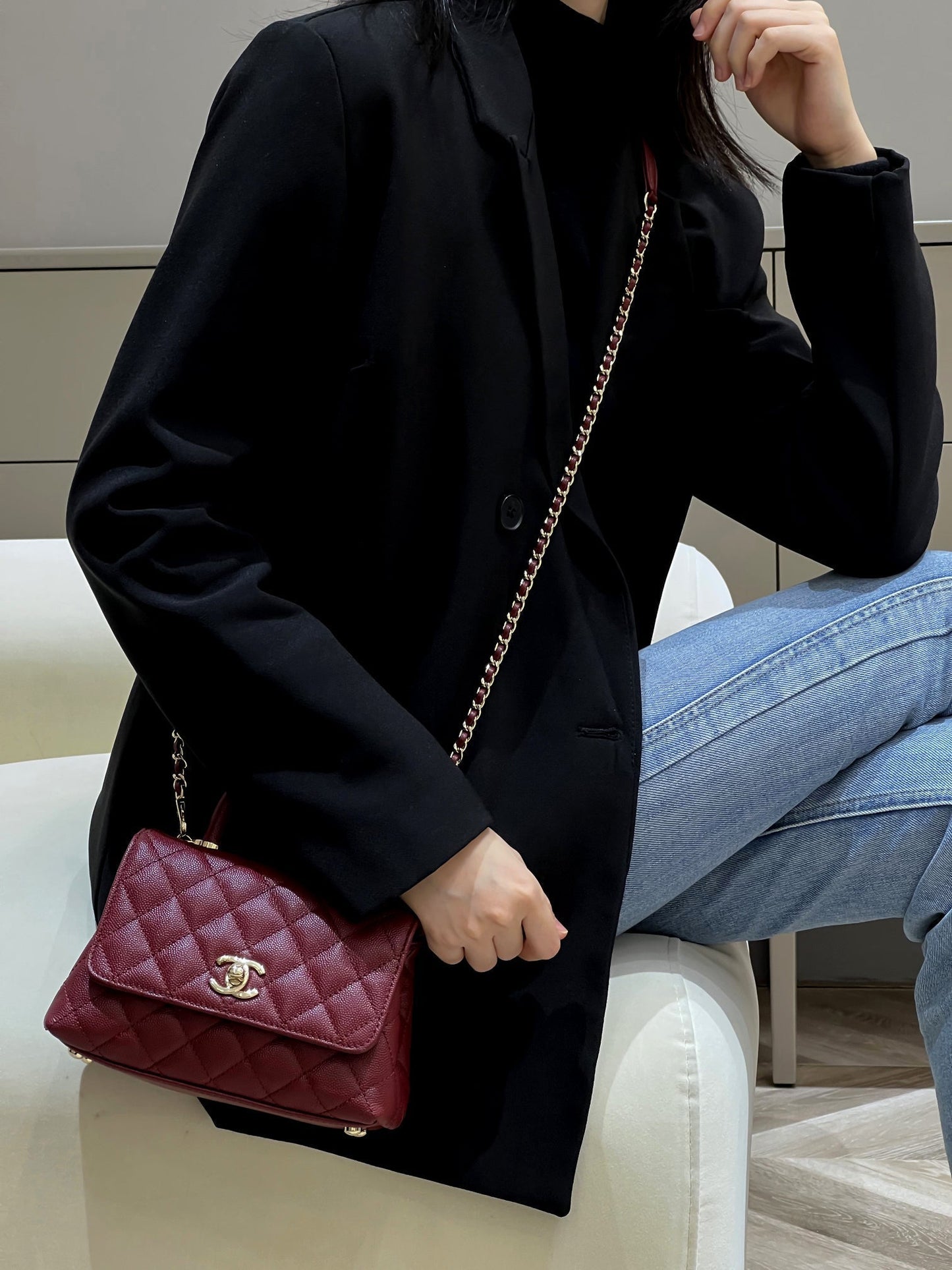 CH  MINI FLAP BAG WITH TOP HANDLE 19  Grained Calfskin Red Wine Color