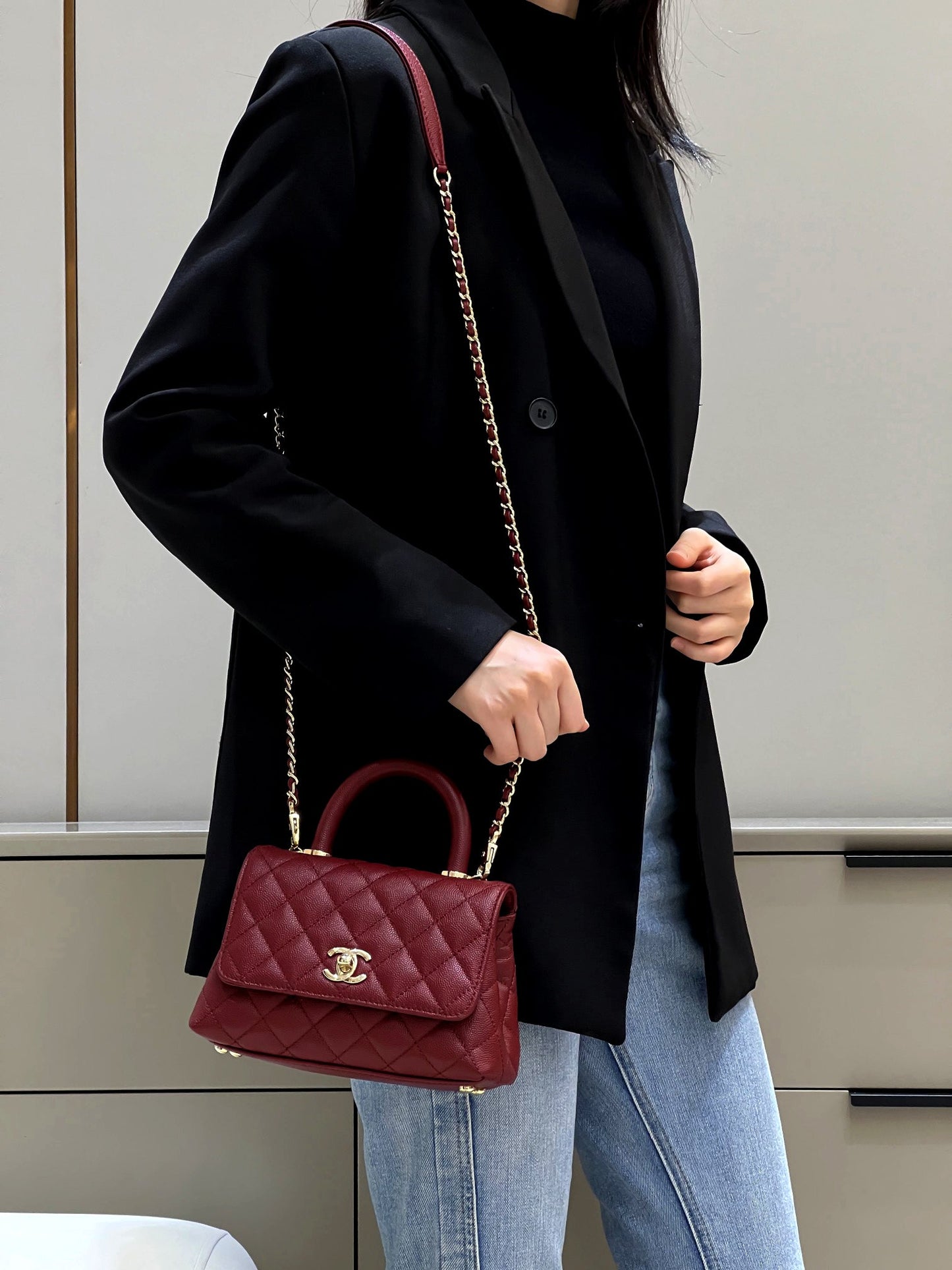 CH  MINI FLAP BAG WITH TOP HANDLE 19  Grained Calfskin Red Wine Color