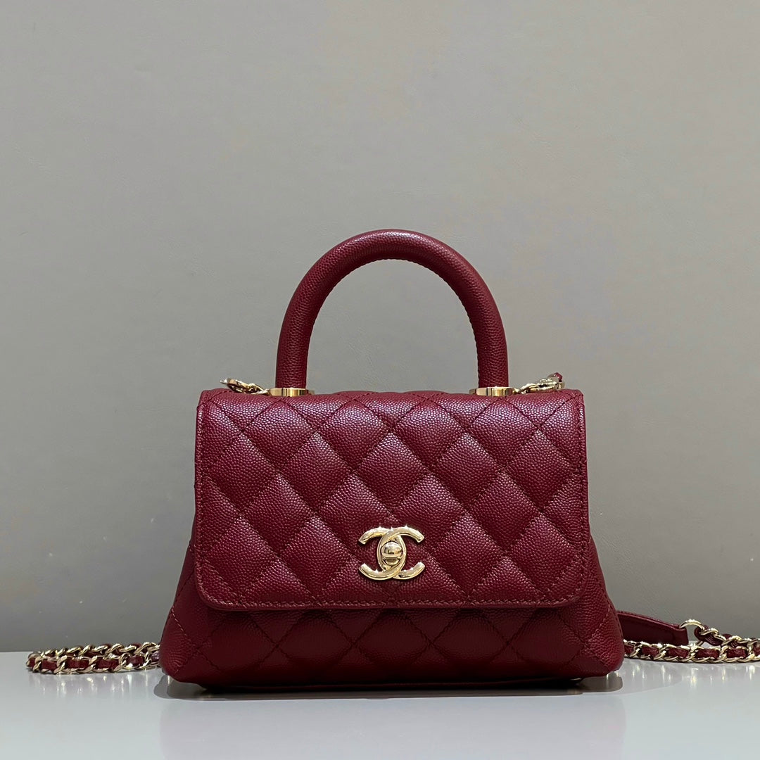 CH  MINI FLAP BAG WITH TOP HANDLE 19  Grained Calfskin Red Wine Color