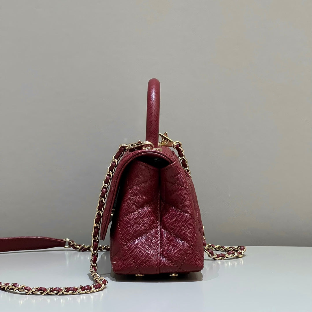 CH  MINI FLAP BAG WITH TOP HANDLE 19  Grained Calfskin Red Wine Color
