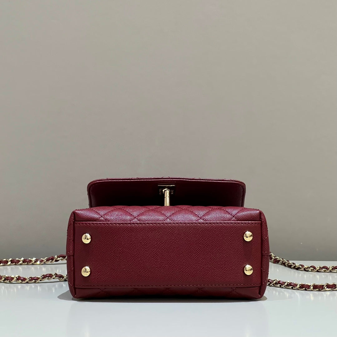CH  MINI FLAP BAG WITH TOP HANDLE 19  Grained Calfskin Red Wine Color