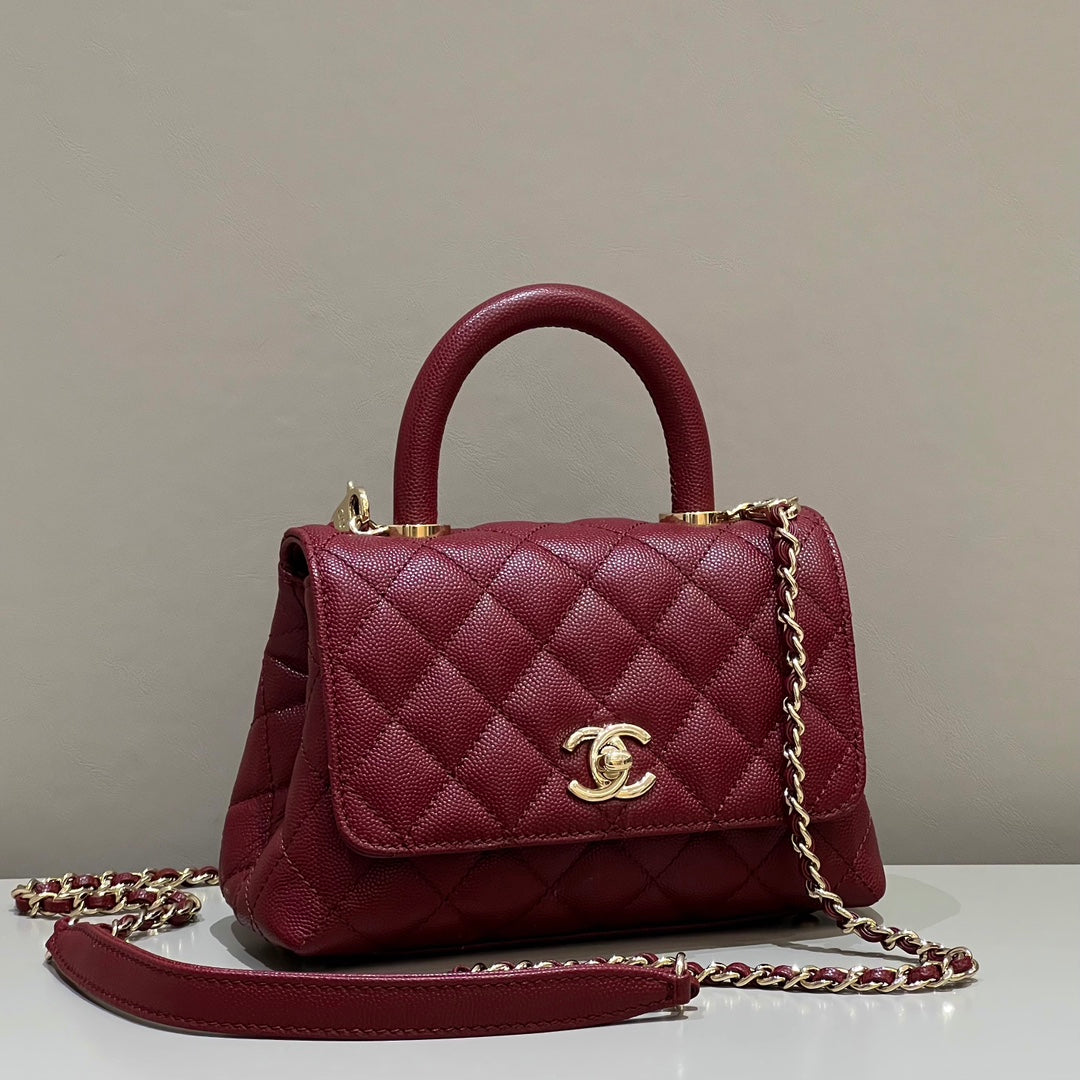 CH  MINI FLAP BAG WITH TOP HANDLE 19  Grained Calfskin Red Wine Color