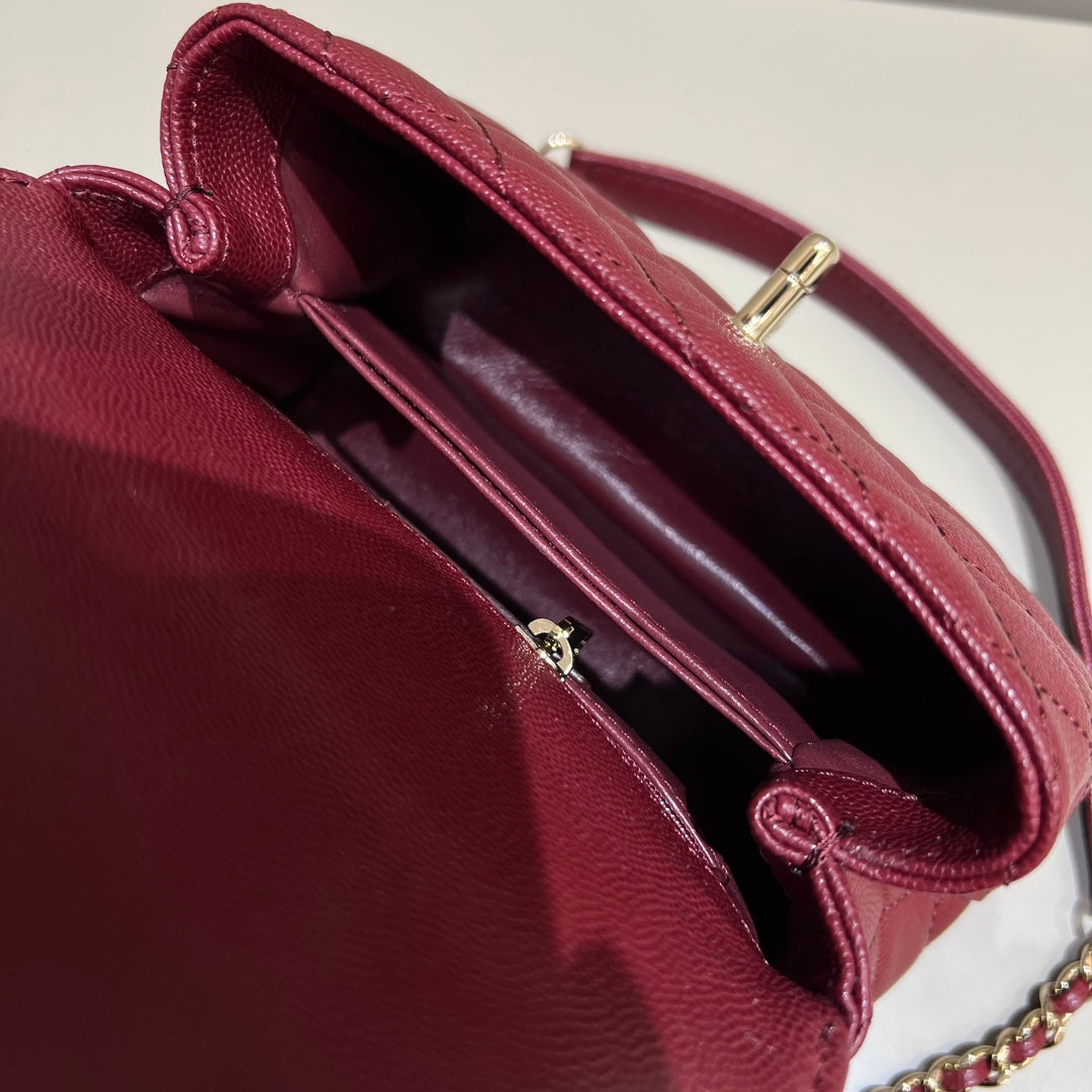 CH  MINI FLAP BAG WITH TOP HANDLE 19  Grained Calfskin Red Wine Color