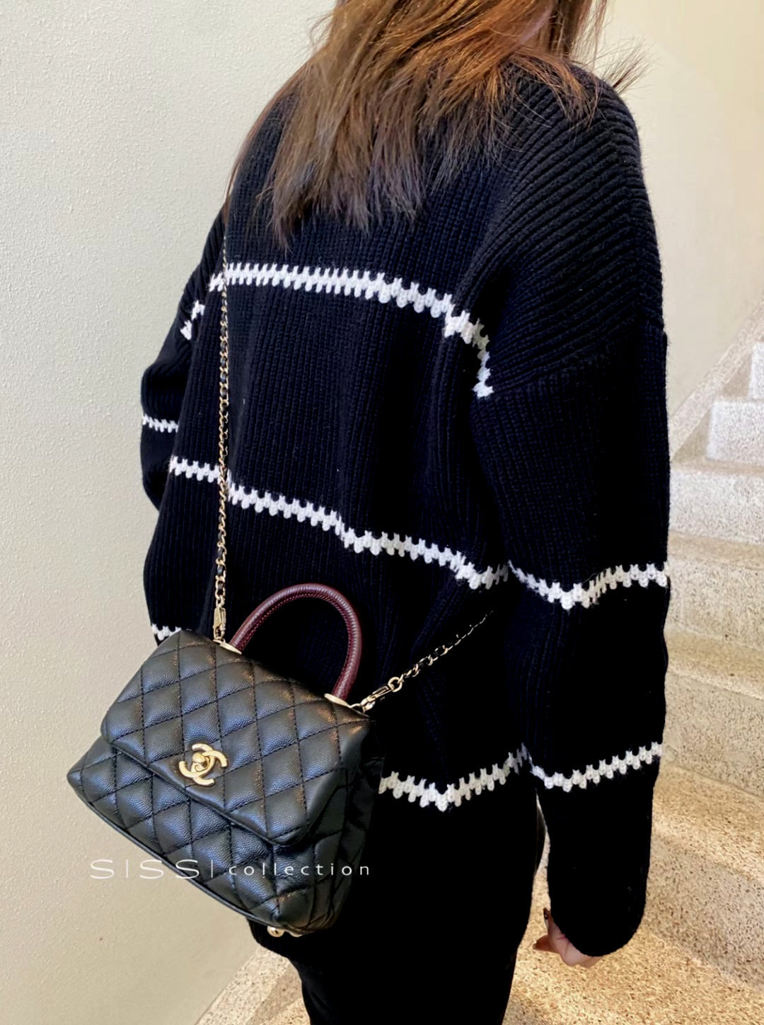 CH Mini Flap Bag with Top Handle  Small Grained Calfskin Lizard Handle Black