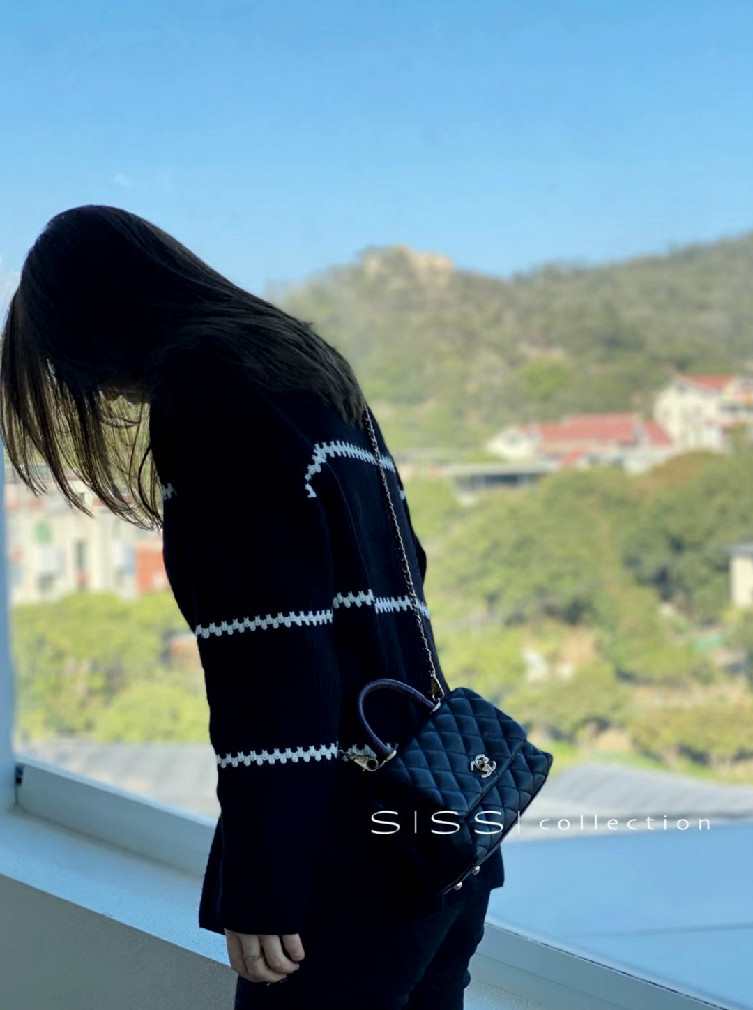 CH Mini Flap Bag with Top Handle  Small Grained Calfskin Lizard Handle Black