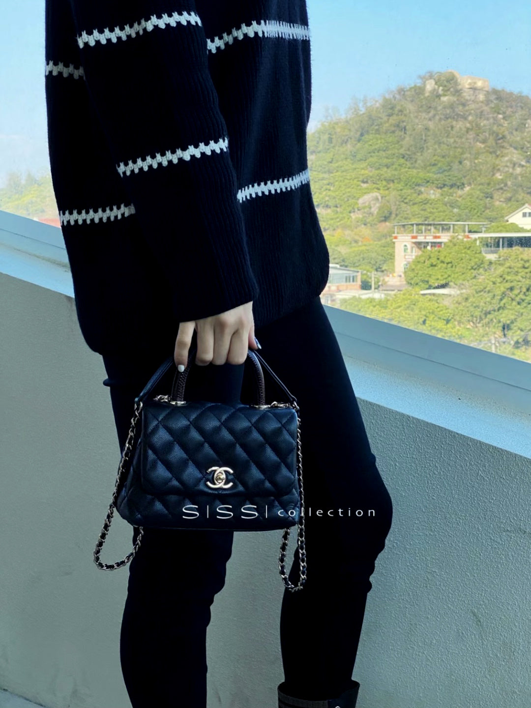 CH Mini Flap Bag with Top Handle  Small Grained Calfskin Lizard Handle Black