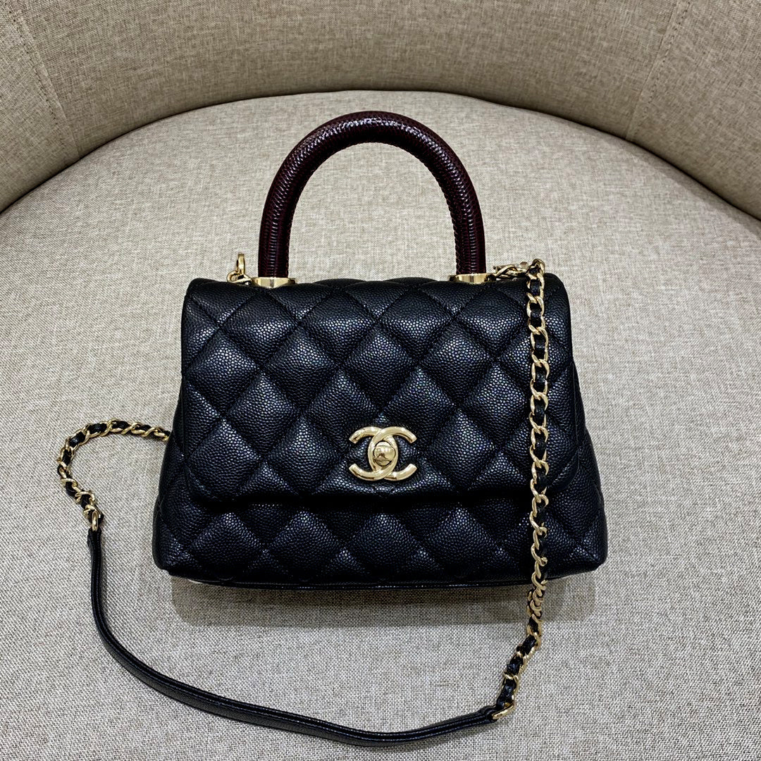 CH  MINI FLAP BAG WITH TOP HANDLE 19  Grained Calfskin Lizard Handle Black