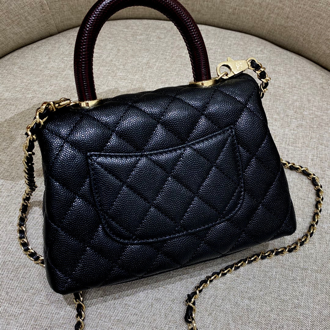 CH  MINI FLAP BAG WITH TOP HANDLE 19  Grained Calfskin Lizard Handle Black