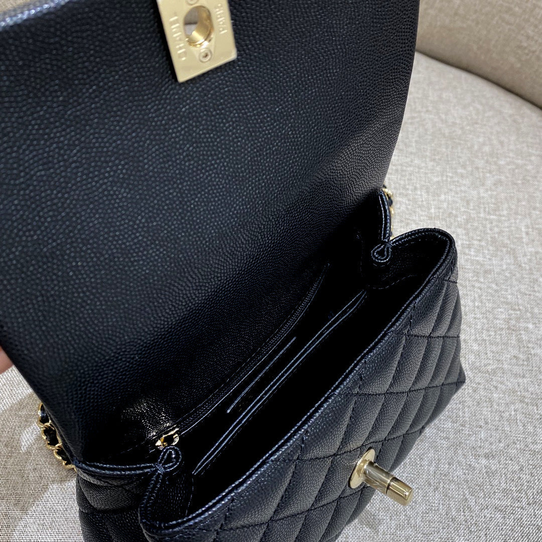 CH  MINI FLAP BAG WITH TOP HANDLE 19  Grained Calfskin Lizard Handle Black