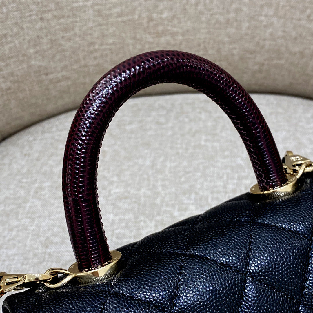 CH  MINI FLAP BAG WITH TOP HANDLE 19  Grained Calfskin Lizard Handle Black