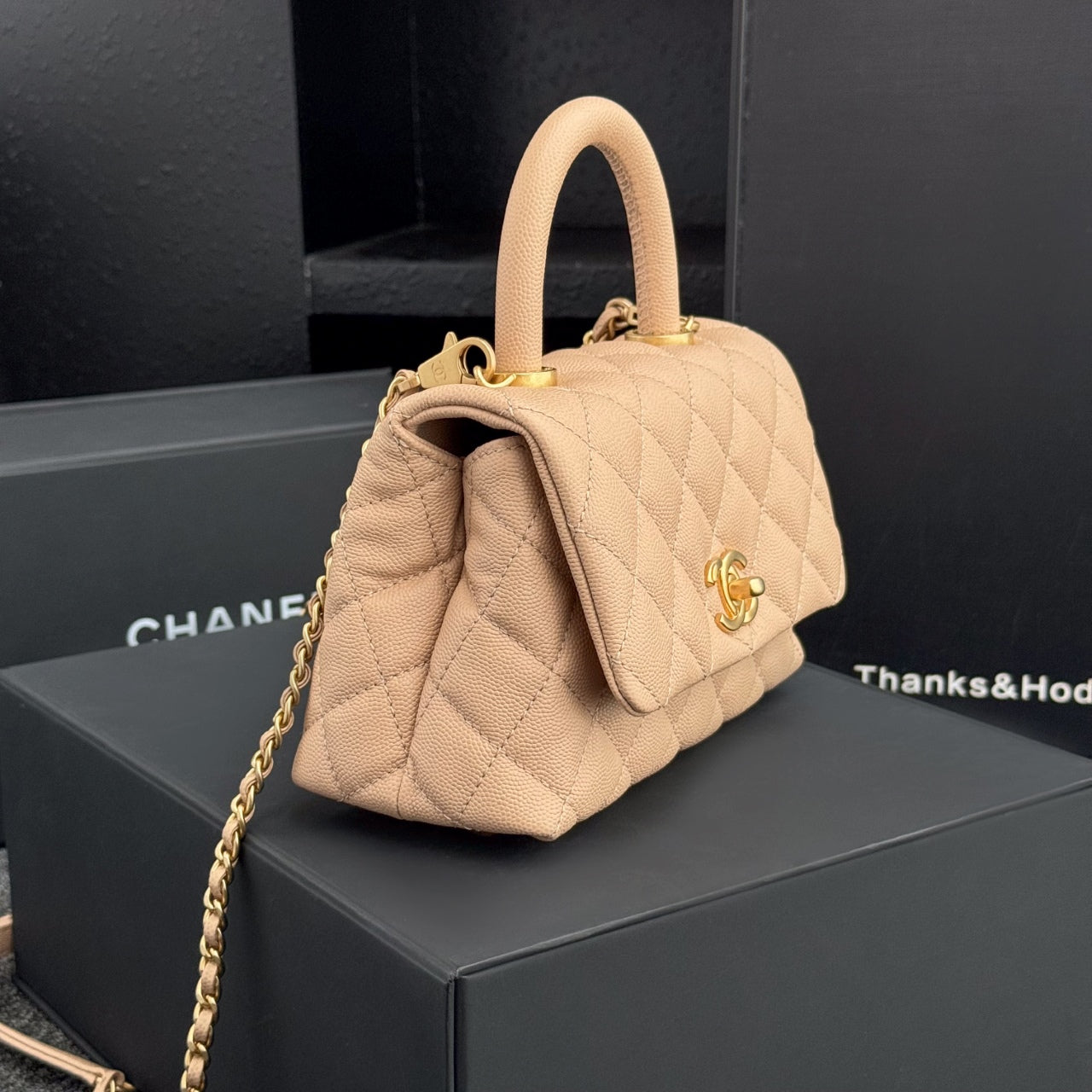 CH  MINI FLAP BAG WITH TOP HANDLE 19  Grained Calfskin Light Teas