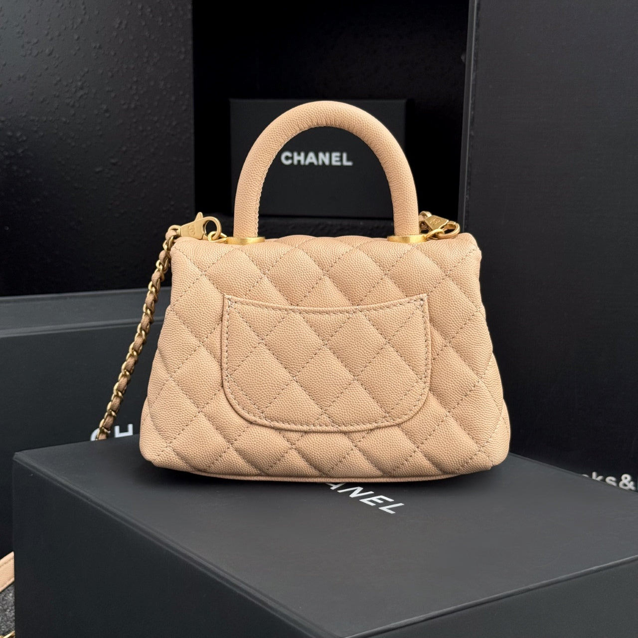 CH  MINI FLAP BAG WITH TOP HANDLE 19  Grained Calfskin Light Teas